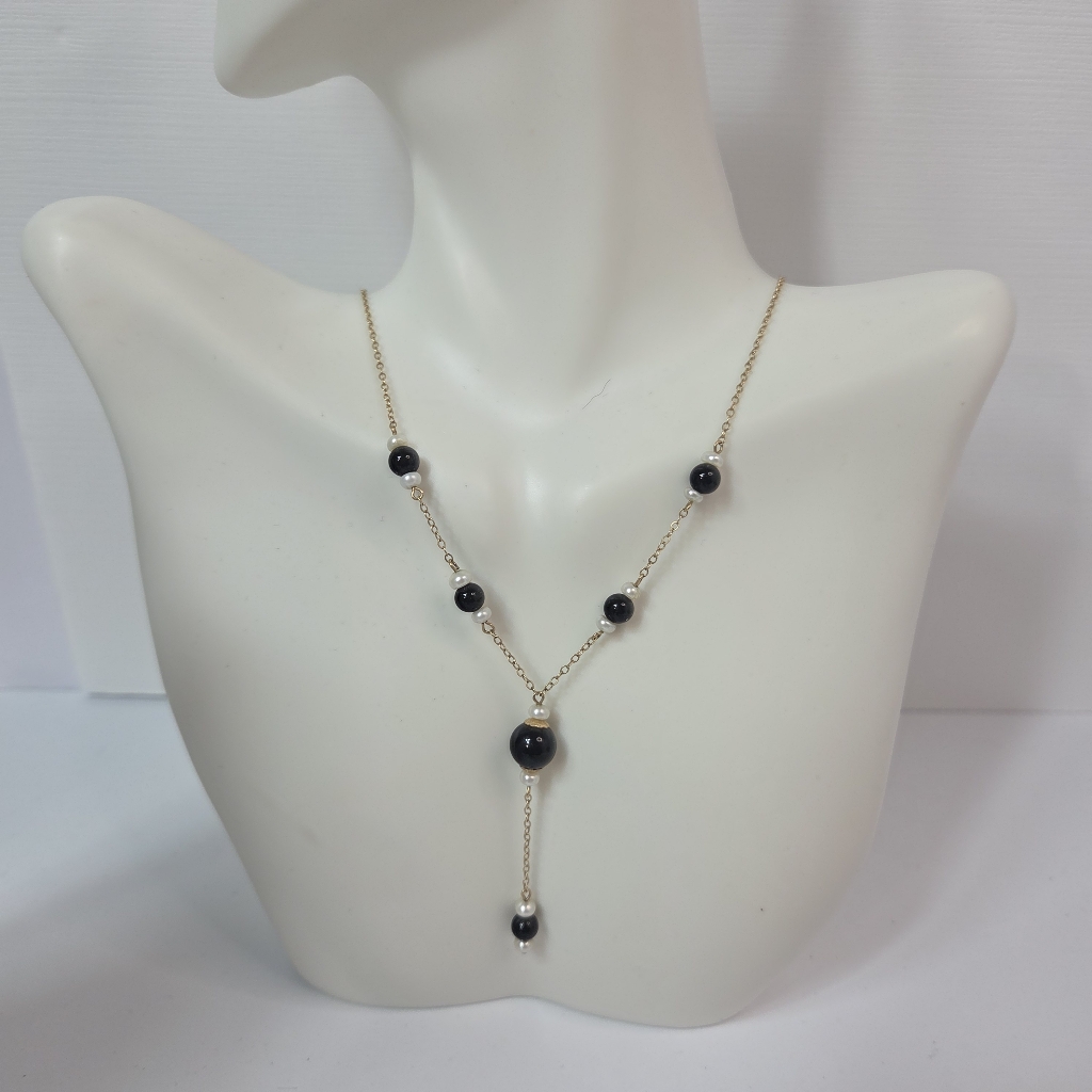 14k Gold Dainty Lariat Necklace Onyx Pearl Stations 20in Sophisticated Luxury